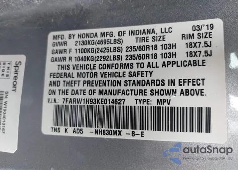 2019 Honda Cr-V Touring from USA, damaged, VIN 7FARW1H93KE014627